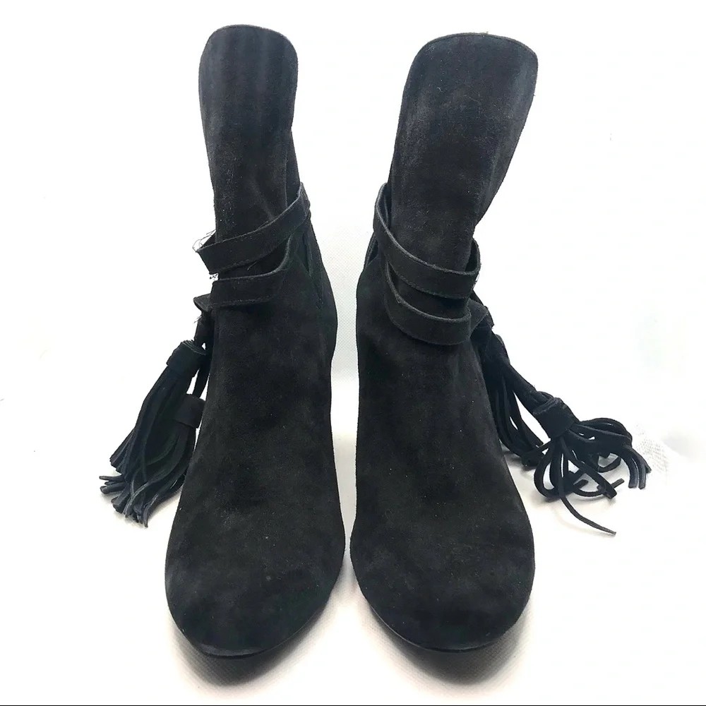 & OTHER STORIES BLACK SUEDE HEELED BOOTS WITH FRINGE TASSEL ANKLE DETAILS (6.5)